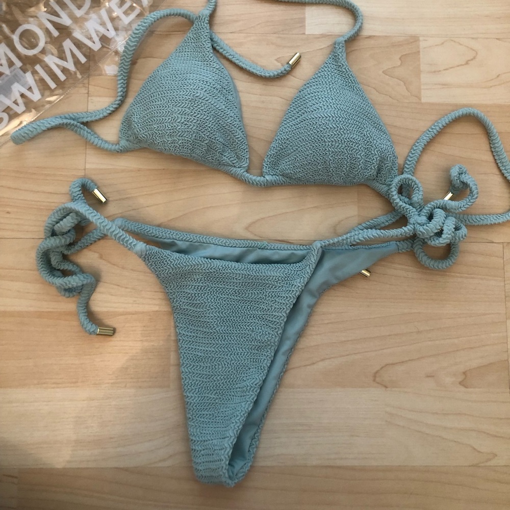Monday swimwear sea glass crinkle Palma top and Palma bottom, size “P”.